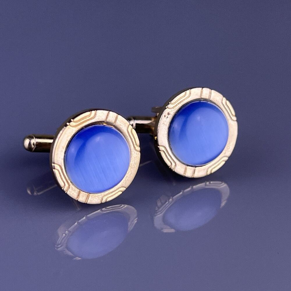 Small Round Blue Faux Cats Eye Stone Cufflinks Gold Tone Chatoyant Vintage